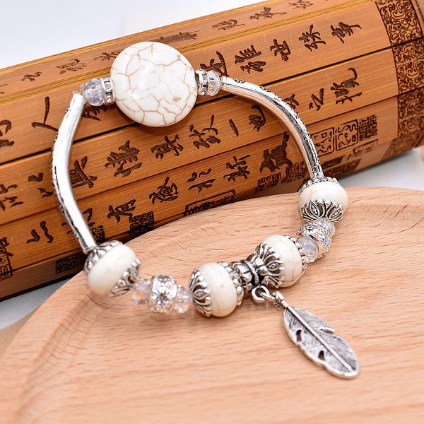 

national style strands turquoises natural stone bracelets alloy leaf pendant flower decration charm jewelry bracelet bangle for girl, Black