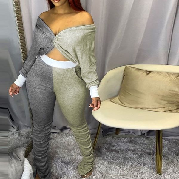 

casual color block two piece set long sleeve crop and stacked pants lounge wear women matching sets d85-dz41, White