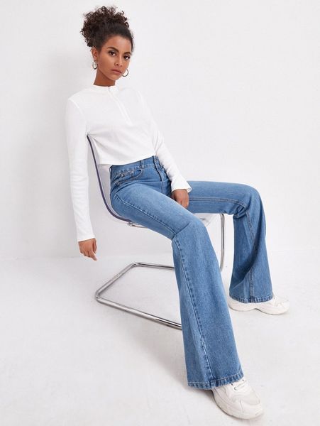 

high waist flared leg jeans d60y#, Blue