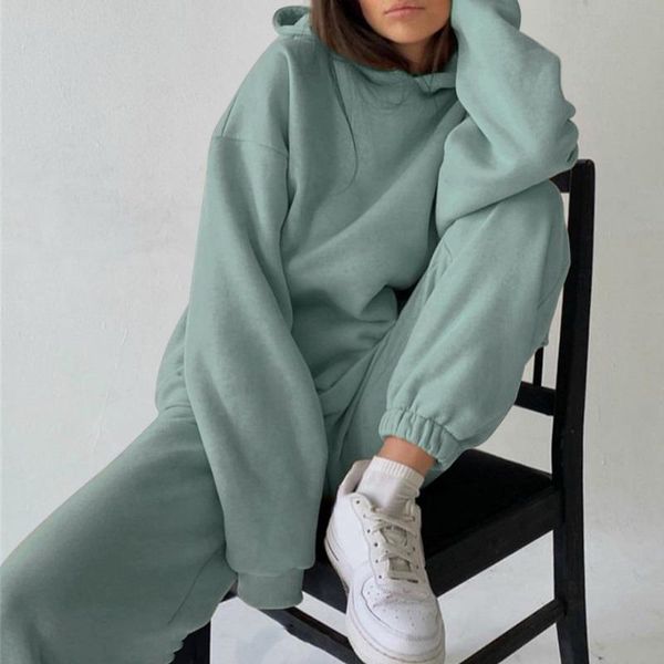 

women's two piece pants set casual fleece tracksuit women winter 2021 sets oversized hooded long sleeve hoodie sport lady suit, White