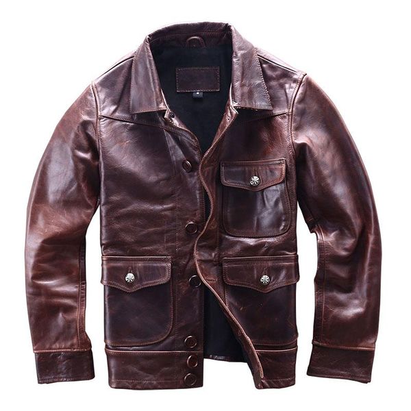 

men's leather & faux 2021 vintage brown japan casual style genuine jacket men single breasted plus size 3xl real natural cowhide autumn, Black