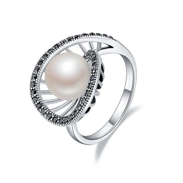 

cluster rings ajojewel geometric hollow white pearl for women vintage ring with black rhinestone retro jewelry antique accessories, Golden;silver