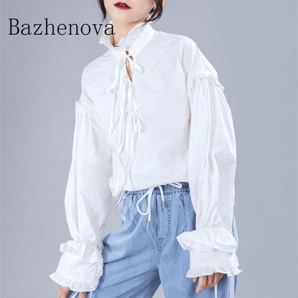 

bazhenova autumn women solid color shirts2021 girls sweet lace-up puff sleeve shirt retro white shirt women fall blouse r731