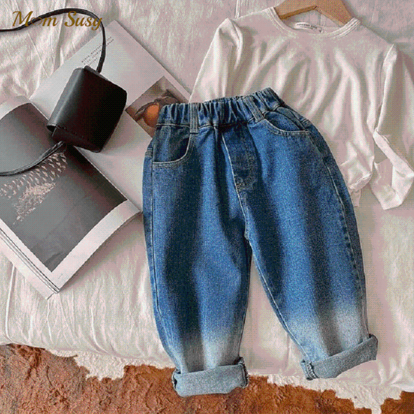 

trousers fashion baby boy girl jean pant cotton gradient color infant toddler child denim winter loose clothes 1-7y, Blue