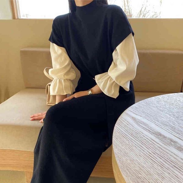 

casual dresses [ewq] korean chic women autumn solid color flared sleeve shirt + ring buckle waist knitting vest dress female 16e2697 gwcq, Black;gray