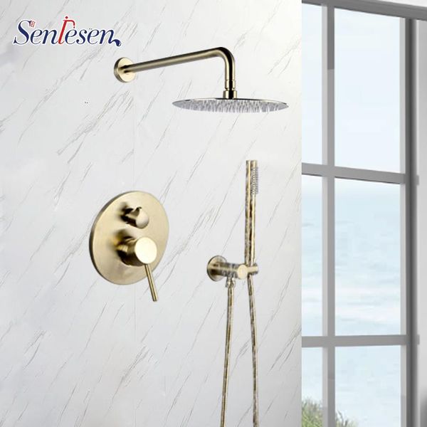 

senlesen brushed gold rainfall shower set 10 inch shower head antique full copper in-wall sprinkler