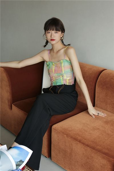 

2021 new colorful pink mesh cami summer crop women shirred spaghetti strap with smocked fashion designer mkl9, White
