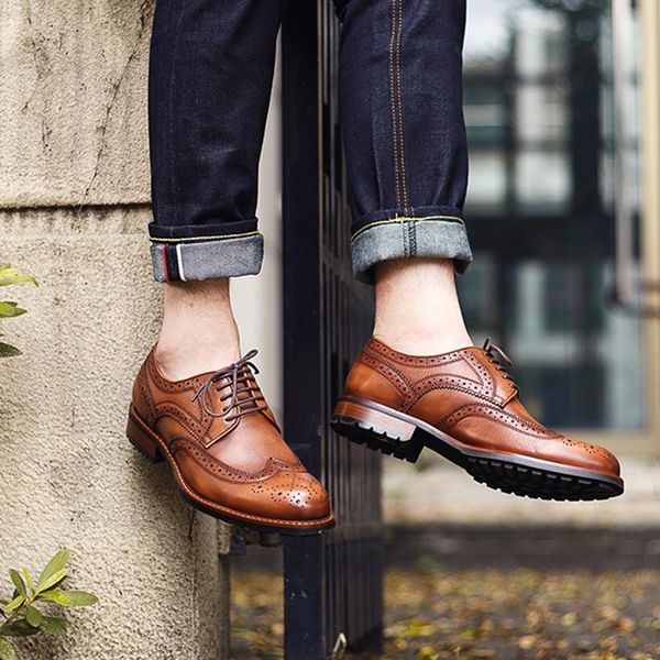 

dress shoes phenkang men retro oxford wingtip genuine leather round toe lace-up brogues handmade wedding platform, Black