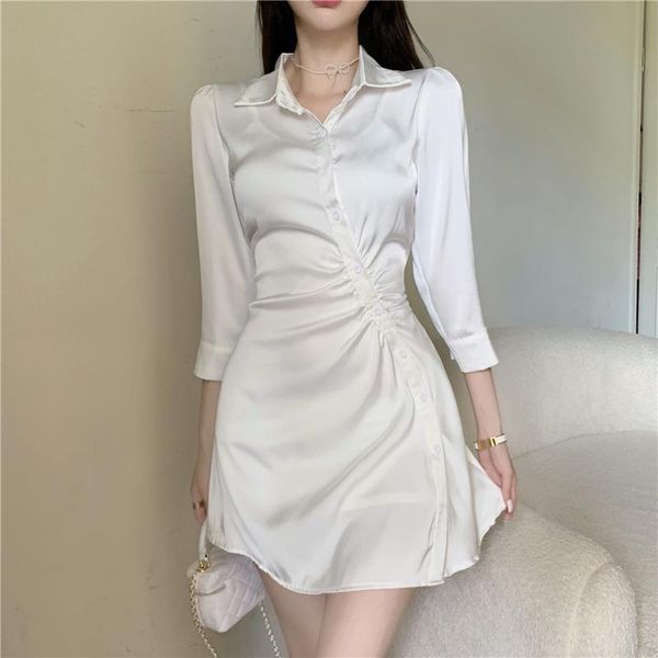 

casual dresses all-match french temperament slim long sleeve white irregular dress mini pleated turn down collar shirts robe vestidos, Black;gray
