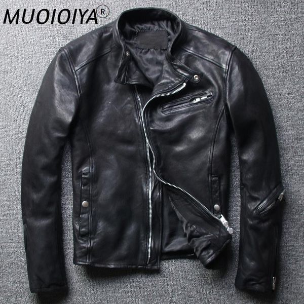 

men's leather & faux 2021genuine jacket men's sheepskin short slim motorcycle, Black