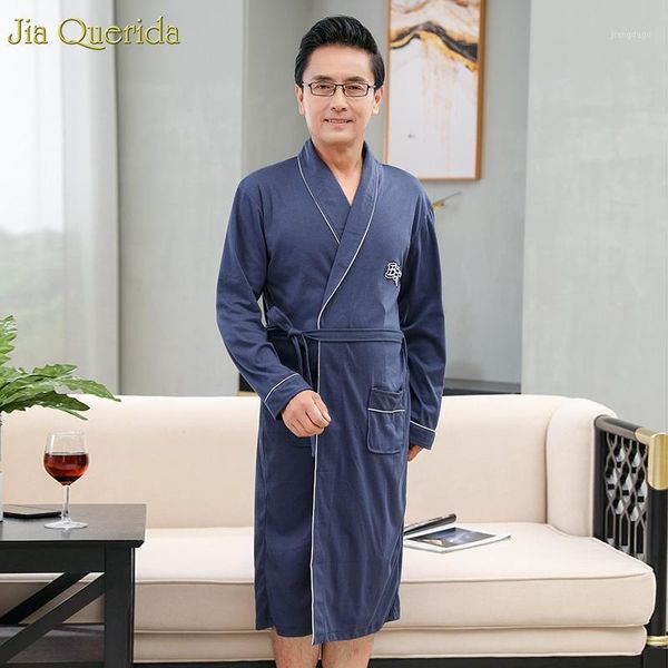 

men's sleepwear royal blue men kimono japanese bathrobe 100% cotton long sleeve autumn winter solid belted elegant plus size robes, Black;brown