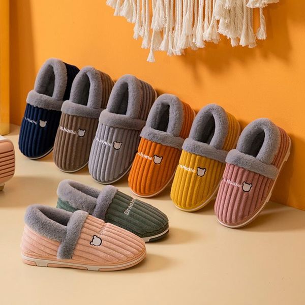

slippers winter women cotton plus velvet warm plush female shoes indoor home thick sole non-slip solid couple fashion, Black