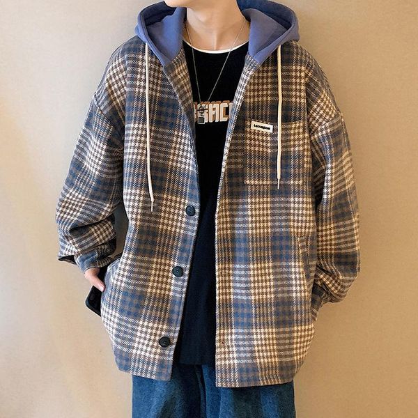 

men's jackets plaid hooded jacket spring and autumn hong kong style loose casual versatile coat fashion wool, Black;brown