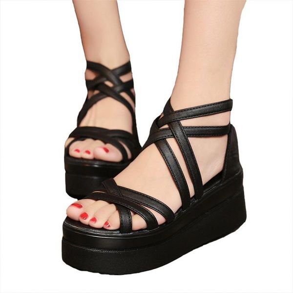 

sandals 2021 summer cross dewy toe women shoes sponge base platform height with the roman white female, Black