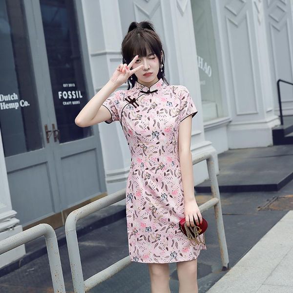 

ethnic clothing summer cheongsam young girl pink small leaves chinese style dress, Red