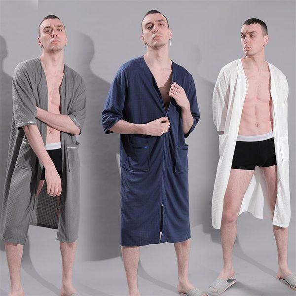 

men's sleepwear men loose solid robe cardigan zipper kimono gown women short sleeve nightgown lover nightwear couple plus size pajamas, Black;brown