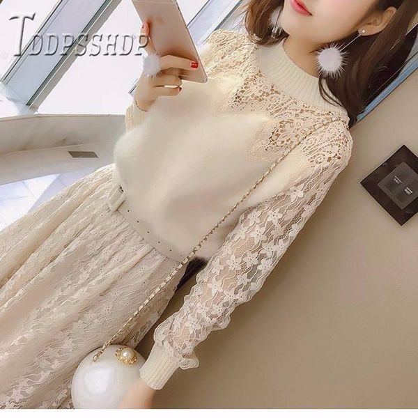

casual dresses 2021 autumn winter lining with fluff women dress lace female bottoming, Black;gray