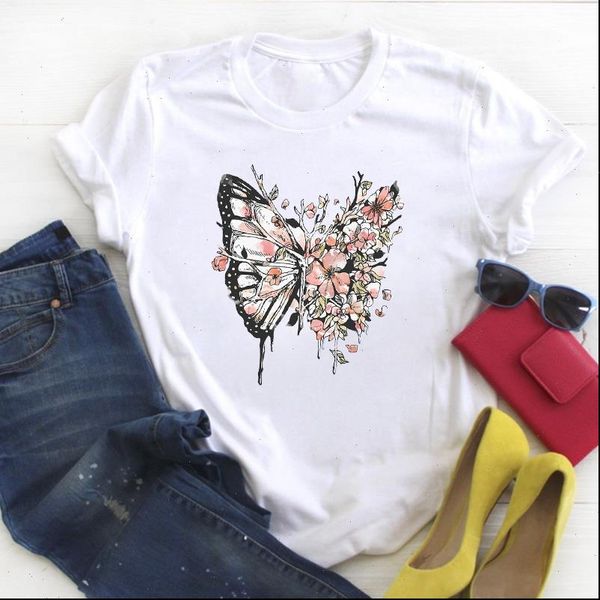 

women flower butterfly fashion print short sleeve ladies summer t tee female shirt clothes tshirt womens graphic t shirt, White