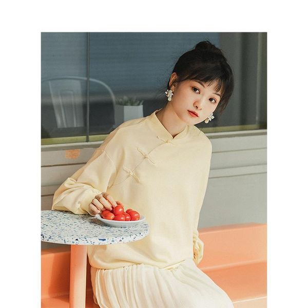 

inmna 2021 spring new arrival retro chinese style skew buckle drop-shoulder sleeve loose women short sweat shirt, Black