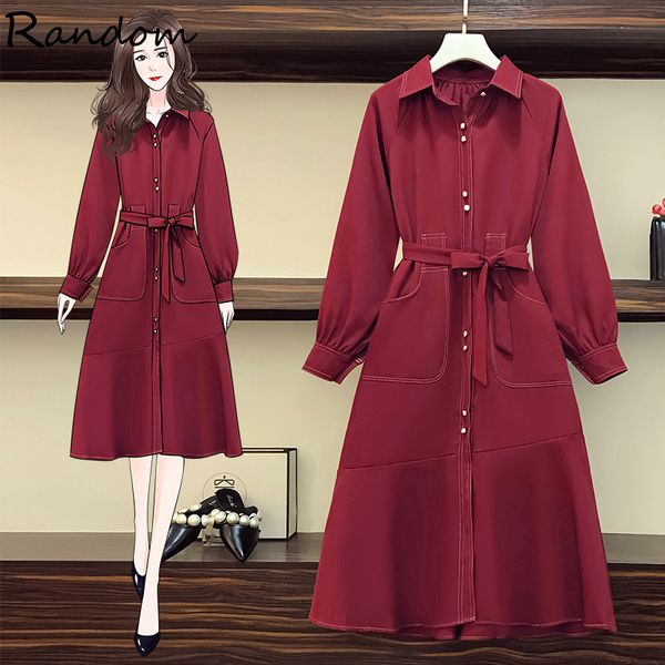 

women plus size office party red shirt dress long sleeve 2021 elegant casual dressed only breasted fall big cloth 2551, Black;gray