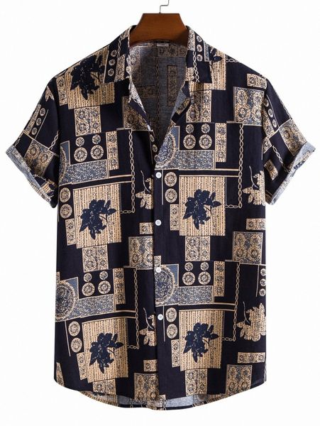 

men random geo & plant print shirt f7y1#, White;black