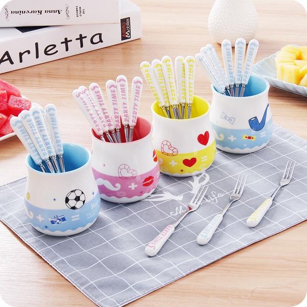 

cartoon fruit fork set ceramic handle stainless steel small dessert fork