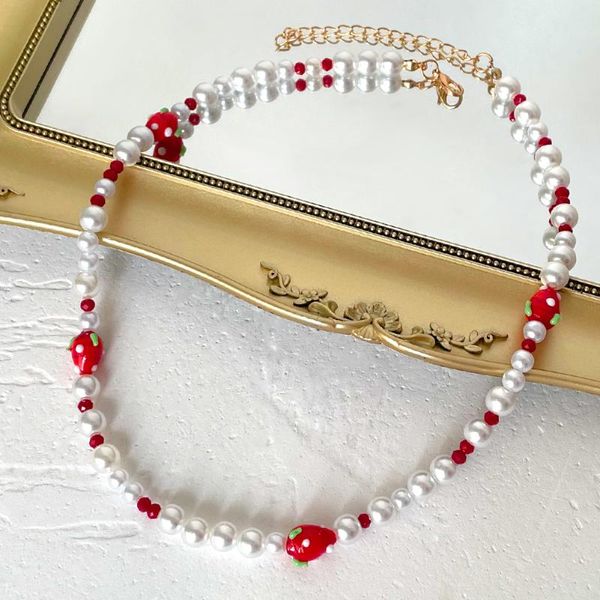 

chokers handmade strawberry fruits imitation pearl beaded necklace for women minimalist baroque choker korean y2k girls neck gift, Golden;silver