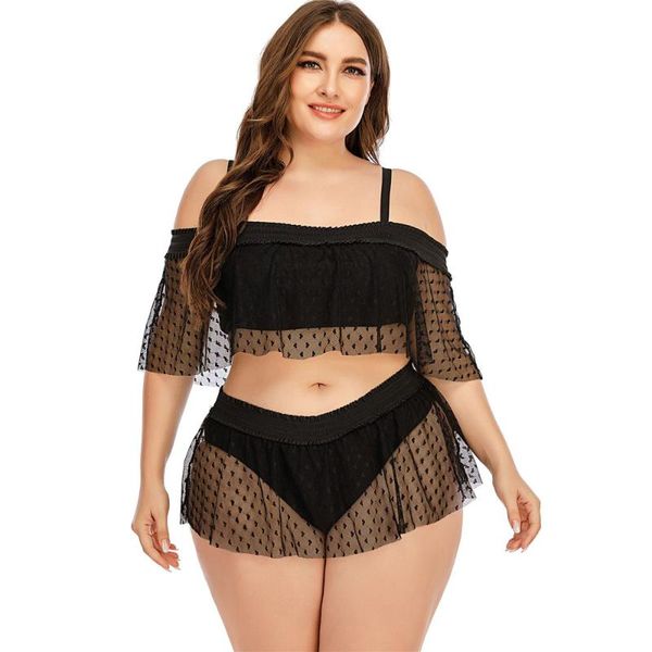 

2021 retro black love women swimwear middle sleeve large bikini mesh short skirt swimsuit plus size xl to 5xl beachwear