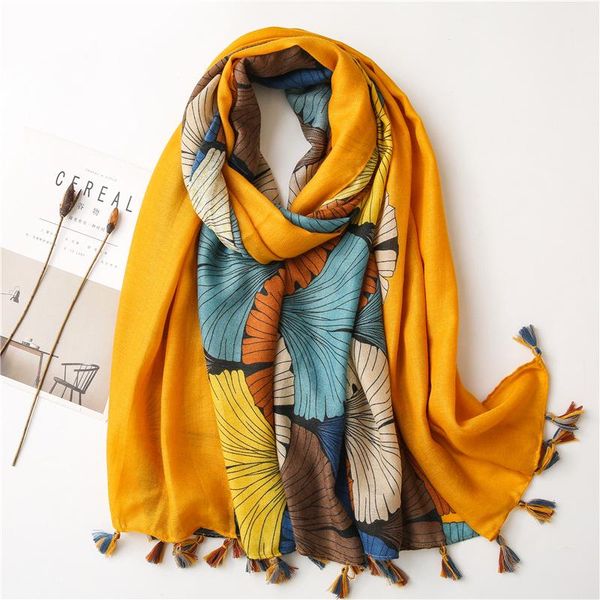 

scarves cotton and feel fashionable retro gingko printed tassel scarf long shawl literary style, Blue;gray
