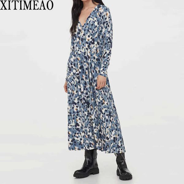 

za women dresses autumn winter vintage print casual long sleeve retro v-neck leisure vacation loose swing dress 210602, Black;gray