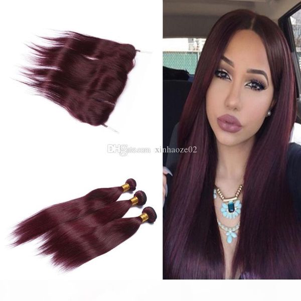 

7a ear to ear 13x4 lace frontal closure with bundles #99j burgundy peruvian virgin hair straight with closure bleached knots, Black;brown