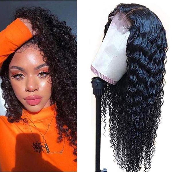 

lace wigs deep wave human hair curly front wig 180 remy frontal glueless closure, Black;brown