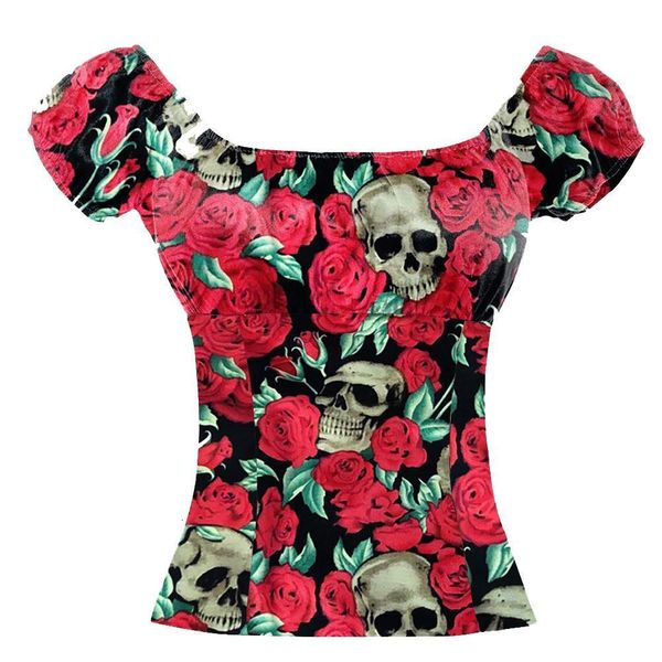 

new woman shirt floral skull print junior punk style lady shirt short sleeve female peasant pin up clothing, White