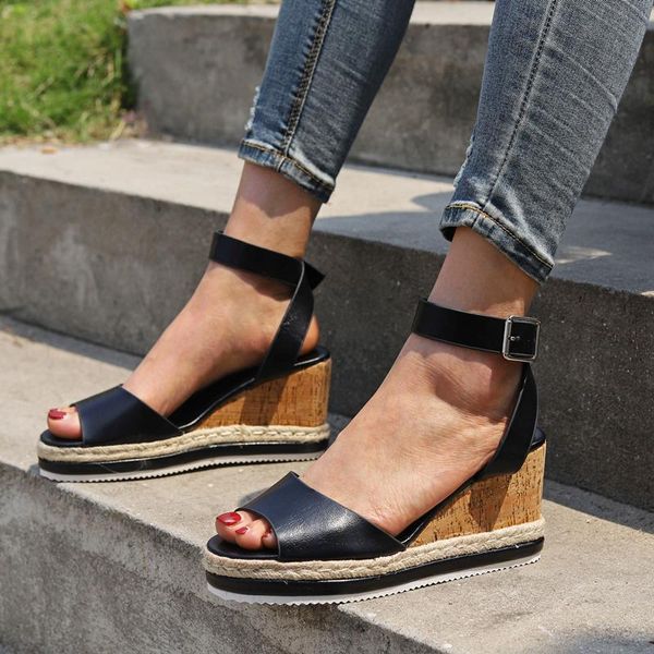 

sandals slope heel women summer 2021 straight buckle high-heeled shoes barefoot thick soled weave retro roman 43, Black