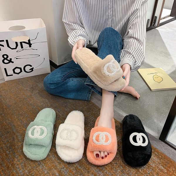 

slippers 2021 crystal decoration fur women flat heel winter home cotton femme rhinestone plush flip flop, Black