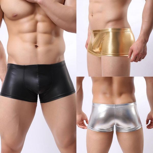 

men faux leather underpants plus size golden shiny boxers mens u convex pouch boxers shorts black silver fashion undershort, Black;white