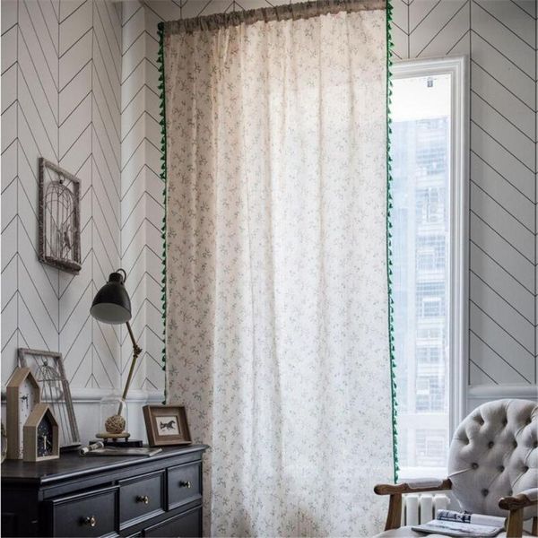 

green tassel curtain floral print household living room kitchen curtain cotton linen semi-shading bay window