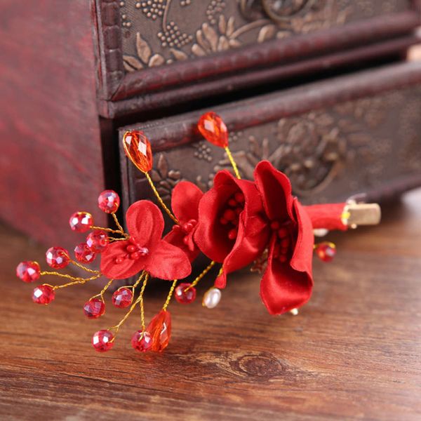

wholesale-bridal red bow hairpin handmade beaded pearl flower edge clip new year hair ornament children's festive headdress, Silver