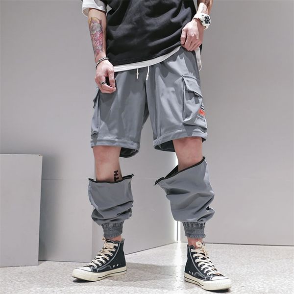 

men fashion streetwear mens jogger pants youth casual autumn ankle length cargo trousers loose detachable pants leg drop 211119, Black