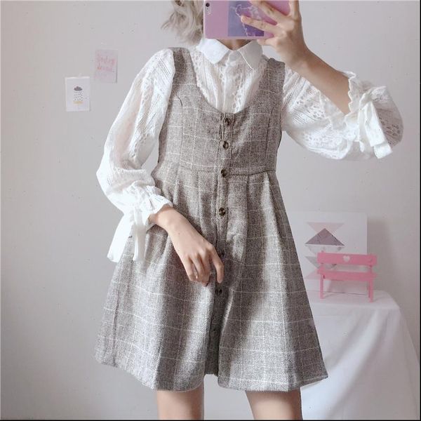 

japanese women kawaii 2 pieces set mori girl white lace blouse gray plaid woolen slim mini sundress cute preppy style outfits
