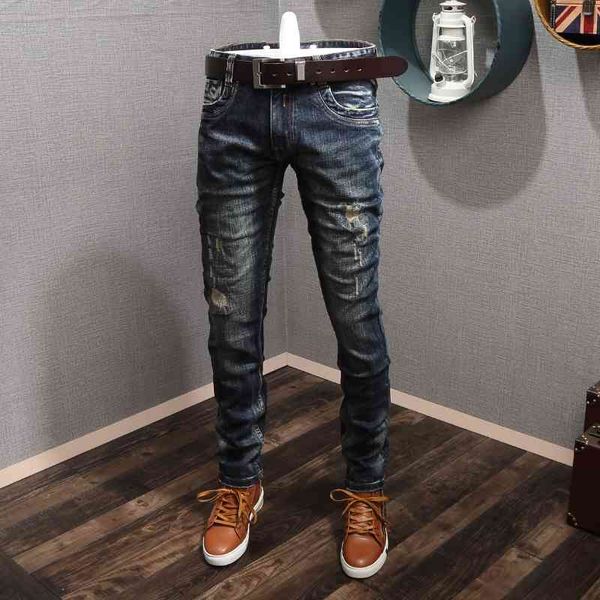 

men's jeans italian style fashion retro black blue elastic slim fit ripped for vintage designer denim pants pn2q