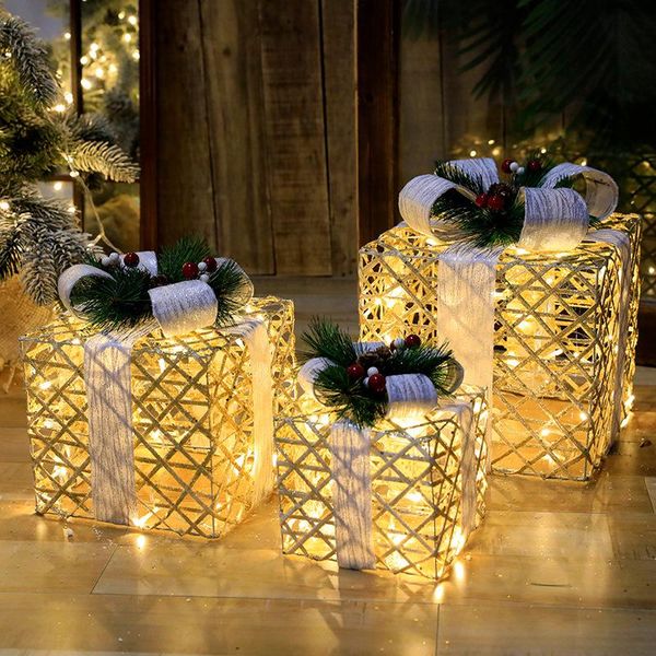 

christmas decorations 3pcs/set decoration gift box with lights tree ornament luminous iron art home outdoor mall navidad xams
