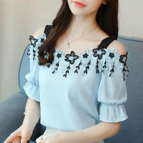 

summer short sleeve chiffon womens shirt slash neck off shoulder and b155, White