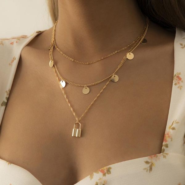 

pendant necklaces fashion metal round circle lock necklace gold color steampunk layered clavicle chain choker for women jewelry, Silver
