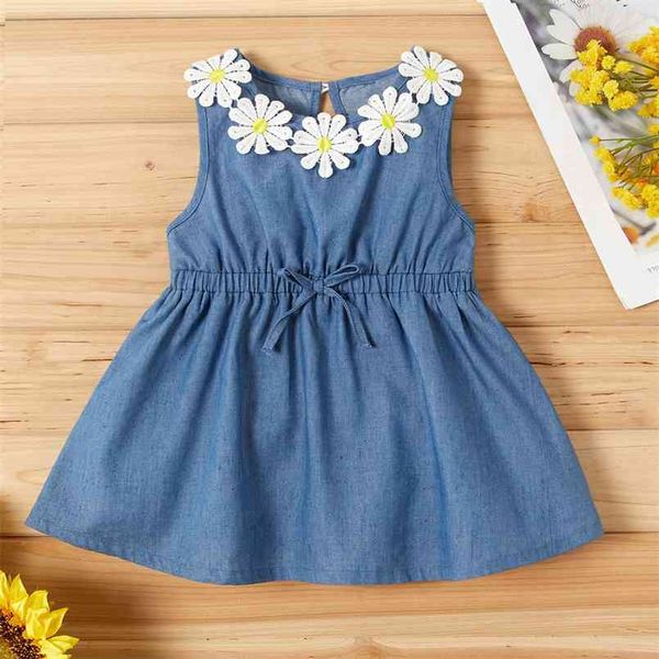 

summer baby toddler sunflower decor denim sleeveless dress royal blue color 210528, Red;yellow