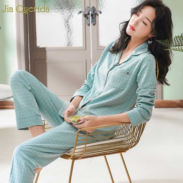 

new pyjamas women 2021 brand pajamas 100% pure cotton cardigan button long sleeves light plaid leisure pijamas, Black;red