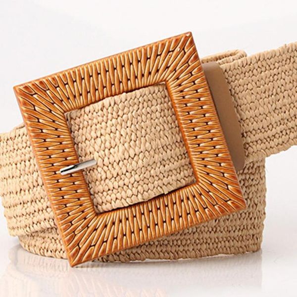 

belts straw adjustable square buckle braided waist belt women bohemia dress clothes ornament, Black;brown