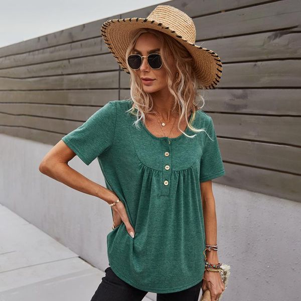 

women's t-shirt summer 2021 green short sleeve mujer o-neck button women tshirts feminina folds loose waist casual teeshirts, White
