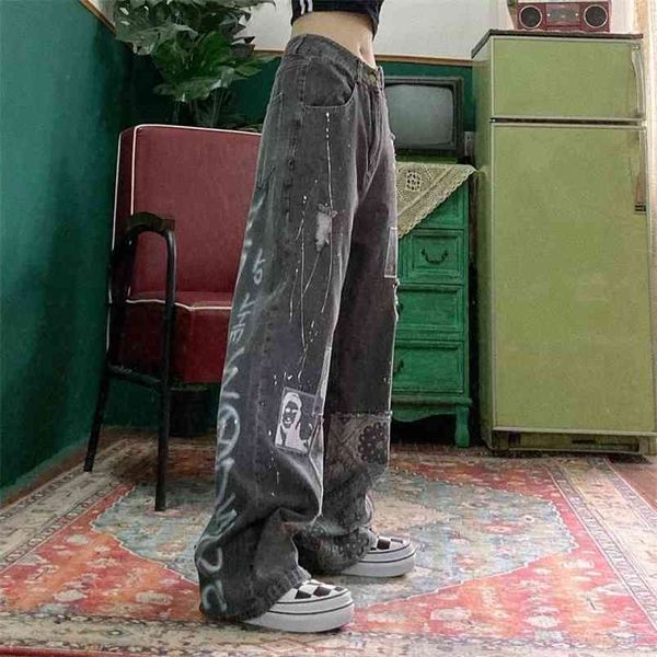 Sokak Hip Hop Bayan Artı Boyutu Kot Yakışıklı Retro Yüksek Bel Geniş Bacak Pantolon BF Gevşek Vahşi Düz Jean 210708