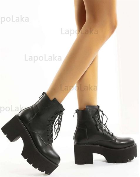 

boots lapolaka modern woman shoes square heel round toe ankle booties platform with metal decorationot female fashion motorcycle, Black
